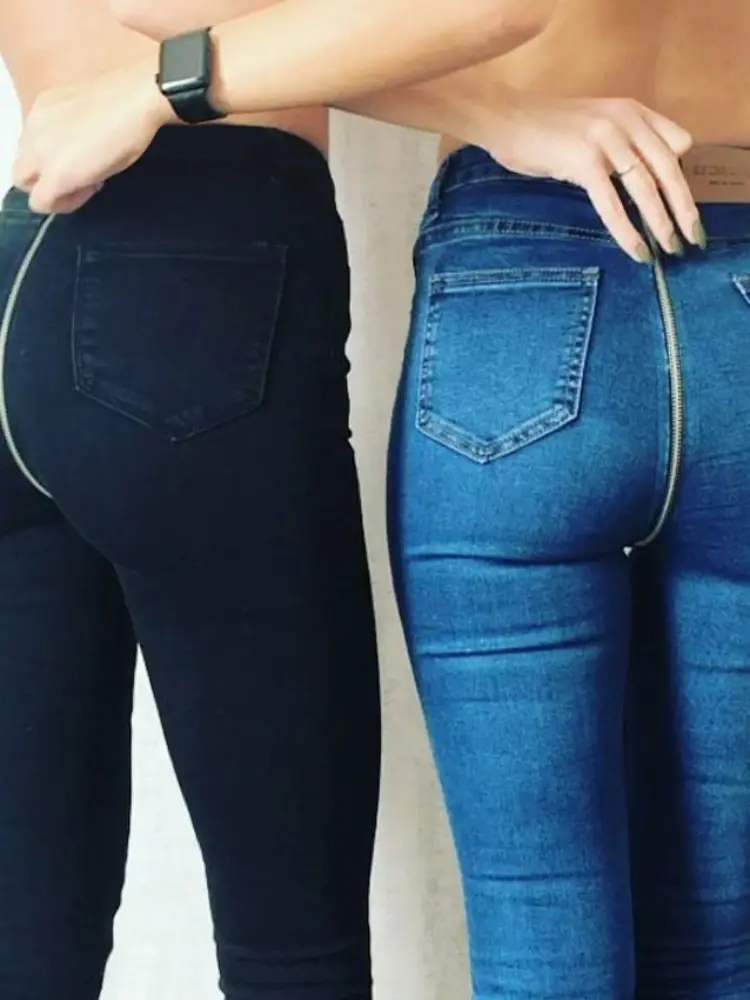 Women Jeans Mid Waist Pencil Pants Denim Sheath Ankle Length Washing Slim Fit Sexy Pockets High Waist Fake Zippers denim pant