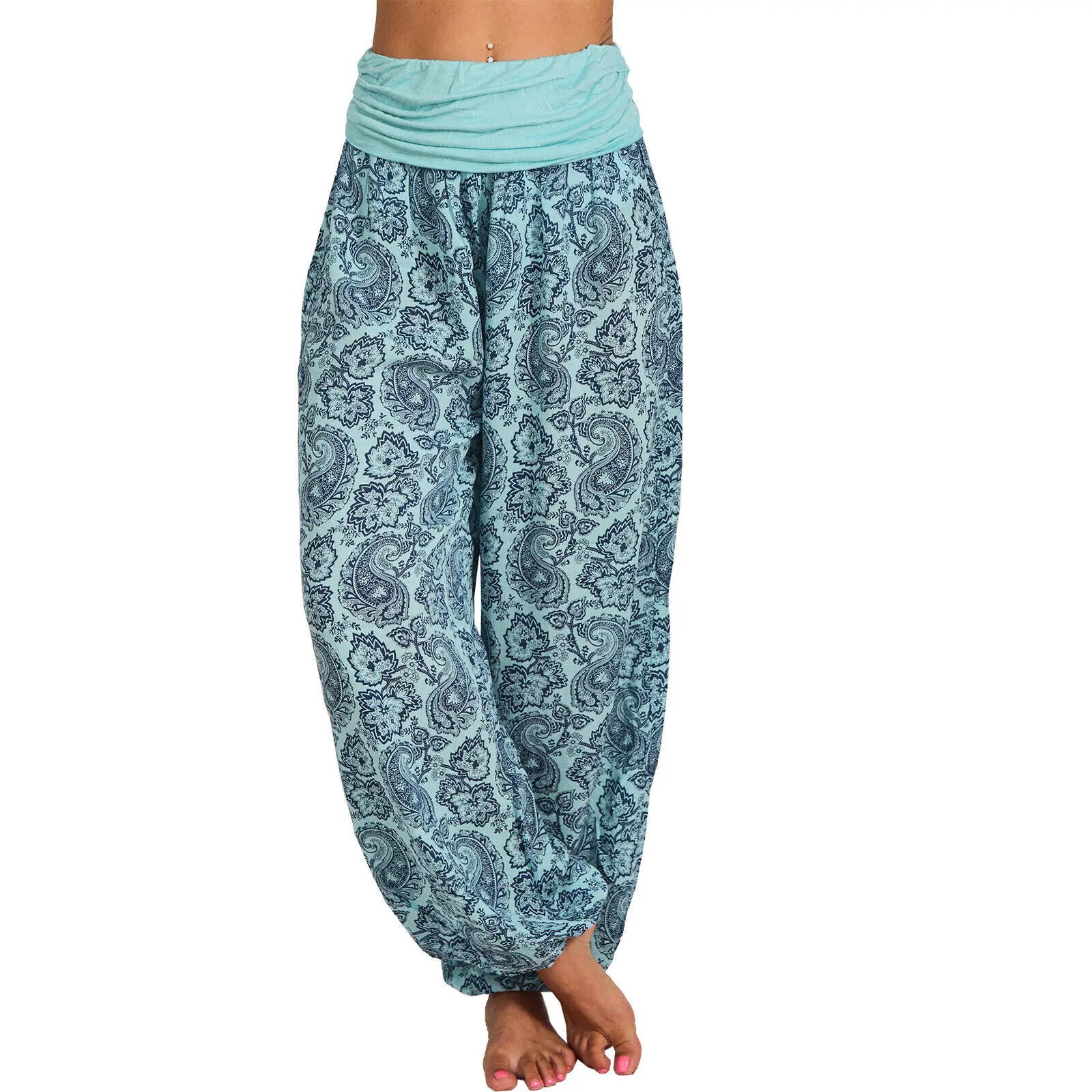 Women Bohemian Harem Pants Elastic Waist Wide Leg Long Pant Vintage Printed Trousers Female Loose Capris Ladies Streetwear