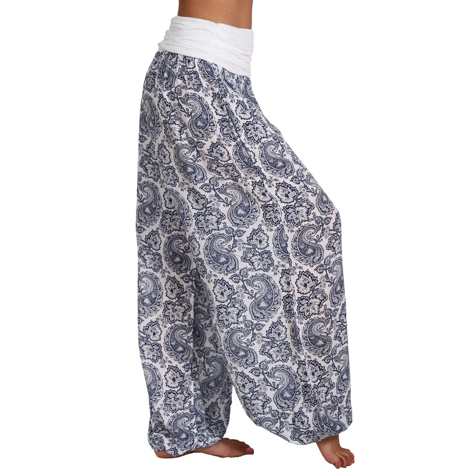 Women Bohemian Harem Pants Elastic Waist Wide Leg Long Pant Vintage Printed Trousers Female Loose Capris Ladies Streetwear