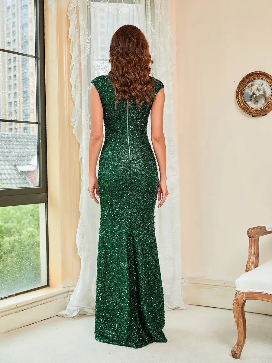 Sequin Party Dress Women Elegant Fearther Sexy One Shoulder Golden Slit Long Dresses High Waist Evening Club Bodycon Vestidos