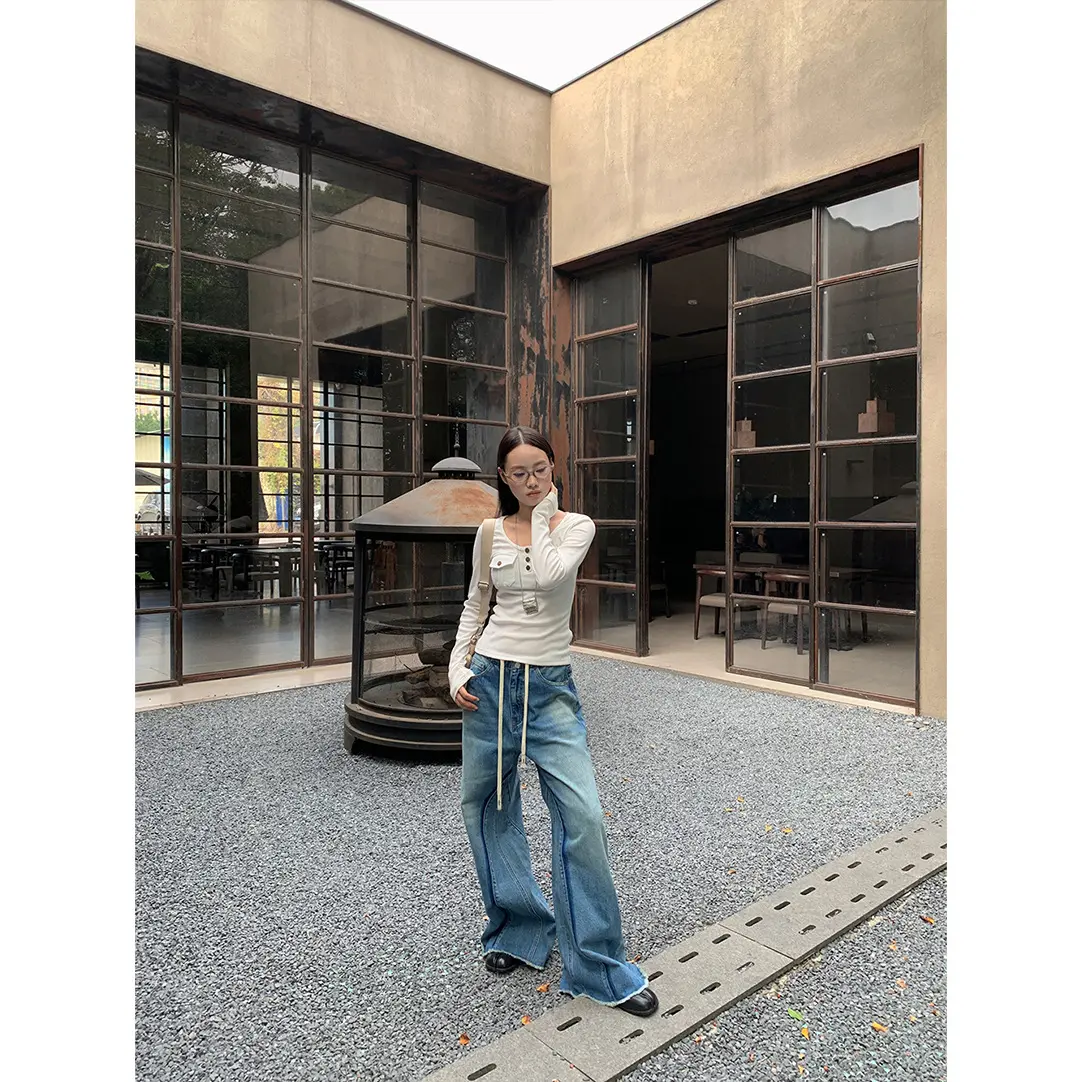 Denim Jeans Wide Leg Pants Women Floor Length 2025 Streetwear Mom High Waist Washed Pockets Loose Trousers Vintage Distressed