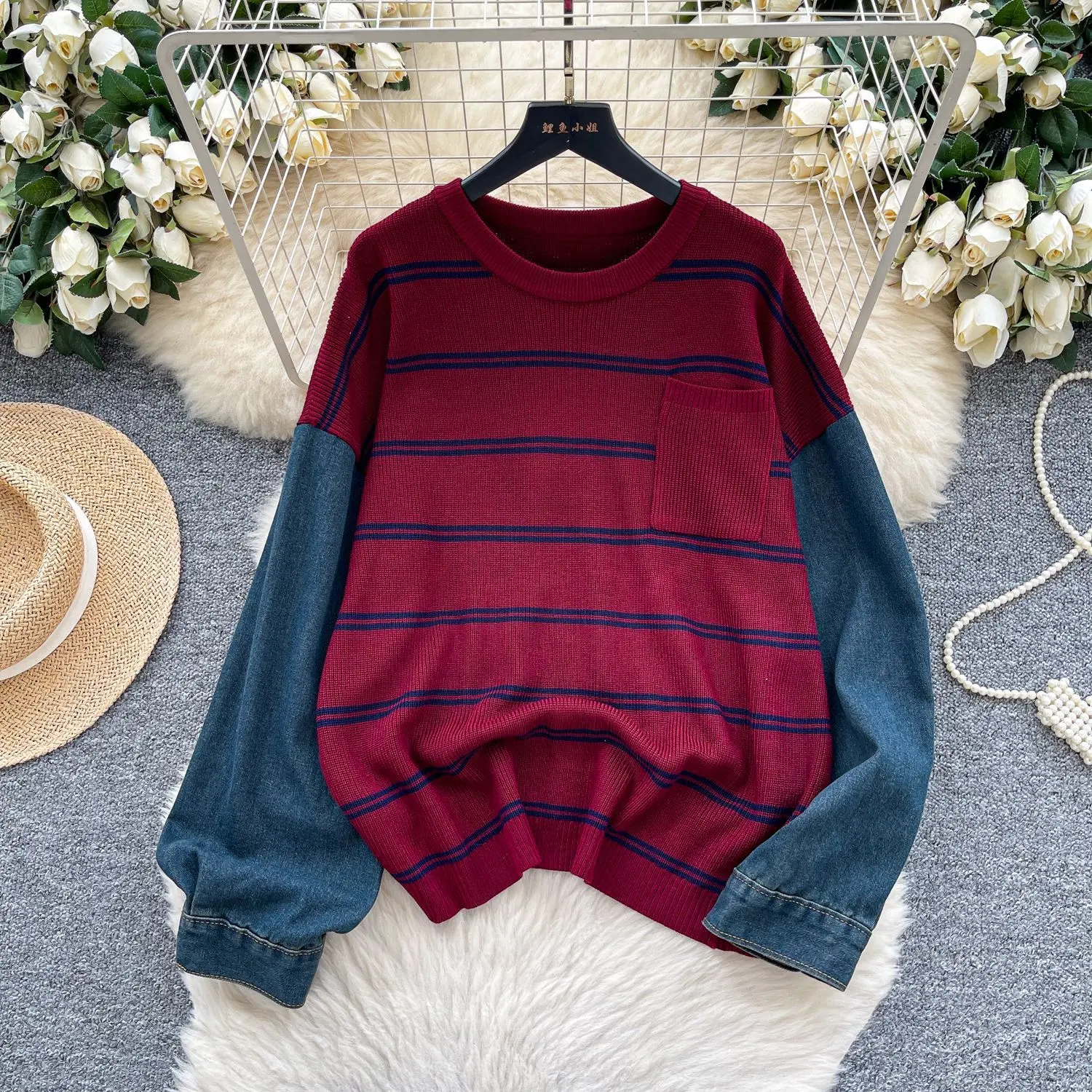 Pullovers Women Sweaters Knitted Round Neck Full Sleeve Jumpers Y2k Streetwear Elegant Splice Denim Autumn Winter 2025 Work
