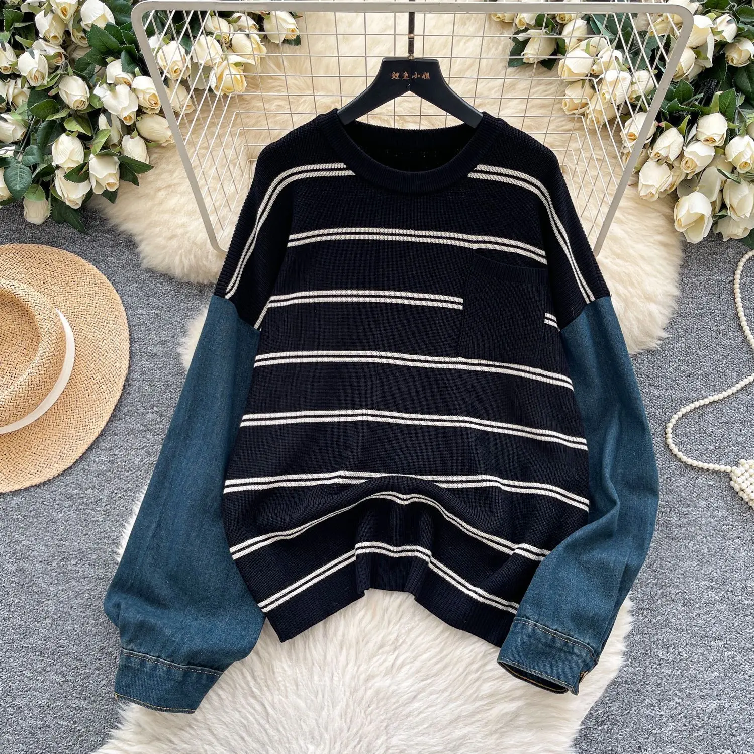 Pullovers Women Sweaters Knitted Round Neck Full Sleeve Jumpers Y2k Streetwear Elegant Splice Denim Autumn Winter 2025 Work