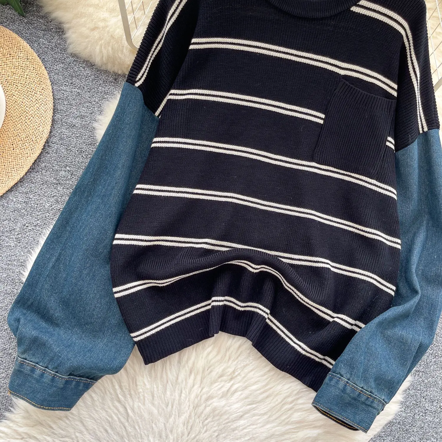 Pullovers Women Sweaters Knitted Round Neck Full Sleeve Jumpers Y2k Streetwear Elegant Splice Denim Autumn Winter 2025 Work