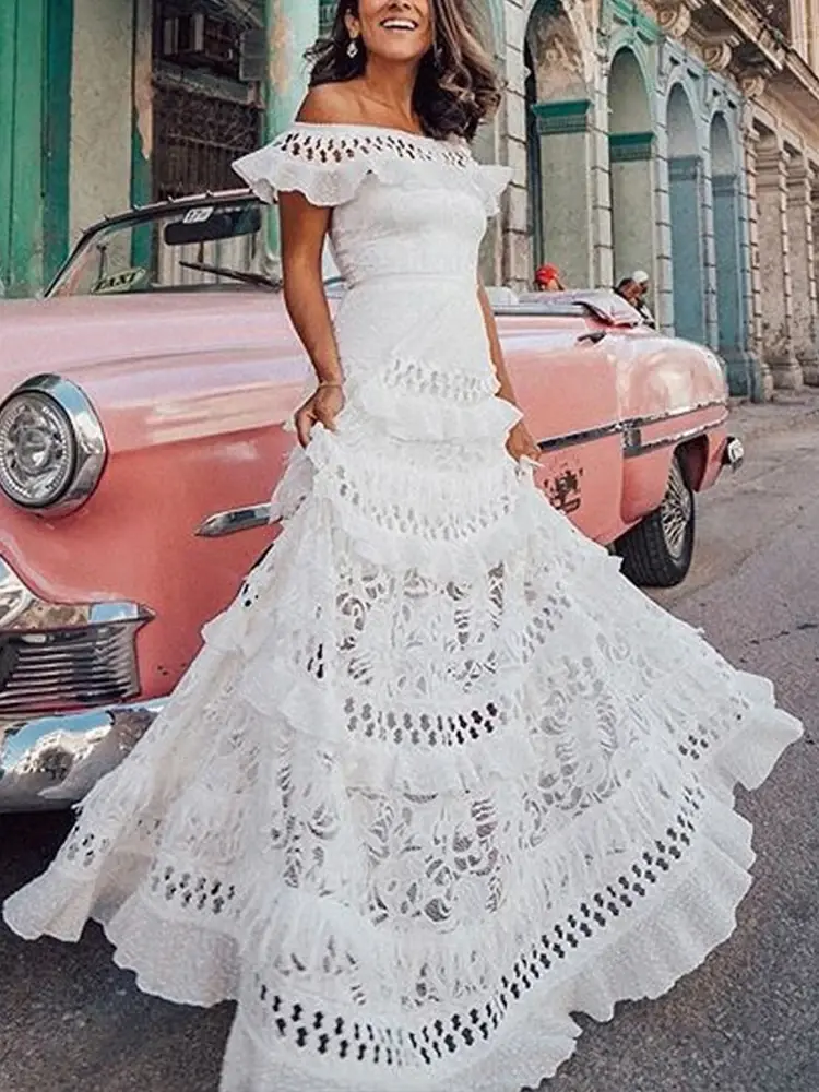 Black Long Dress Elegant One-Shoulder Solid Ruffle Long Evening Dress Summer Elegant Sleeveless Lace Hollow Party Sexy Dress
