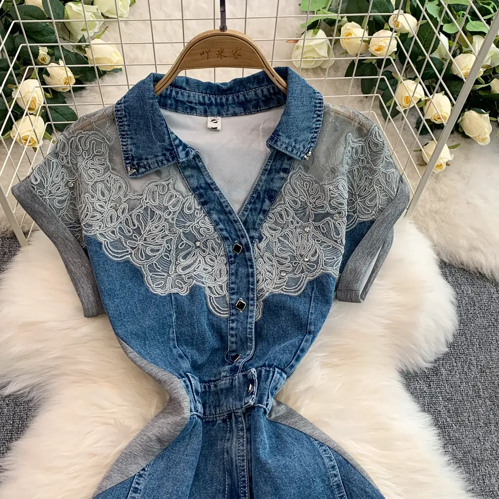 Mid Length Dress Women Denim Dresses High Waist Vestidos Short Sleeve Elegant Splice Y2k Streetwear Party Night Evening Work