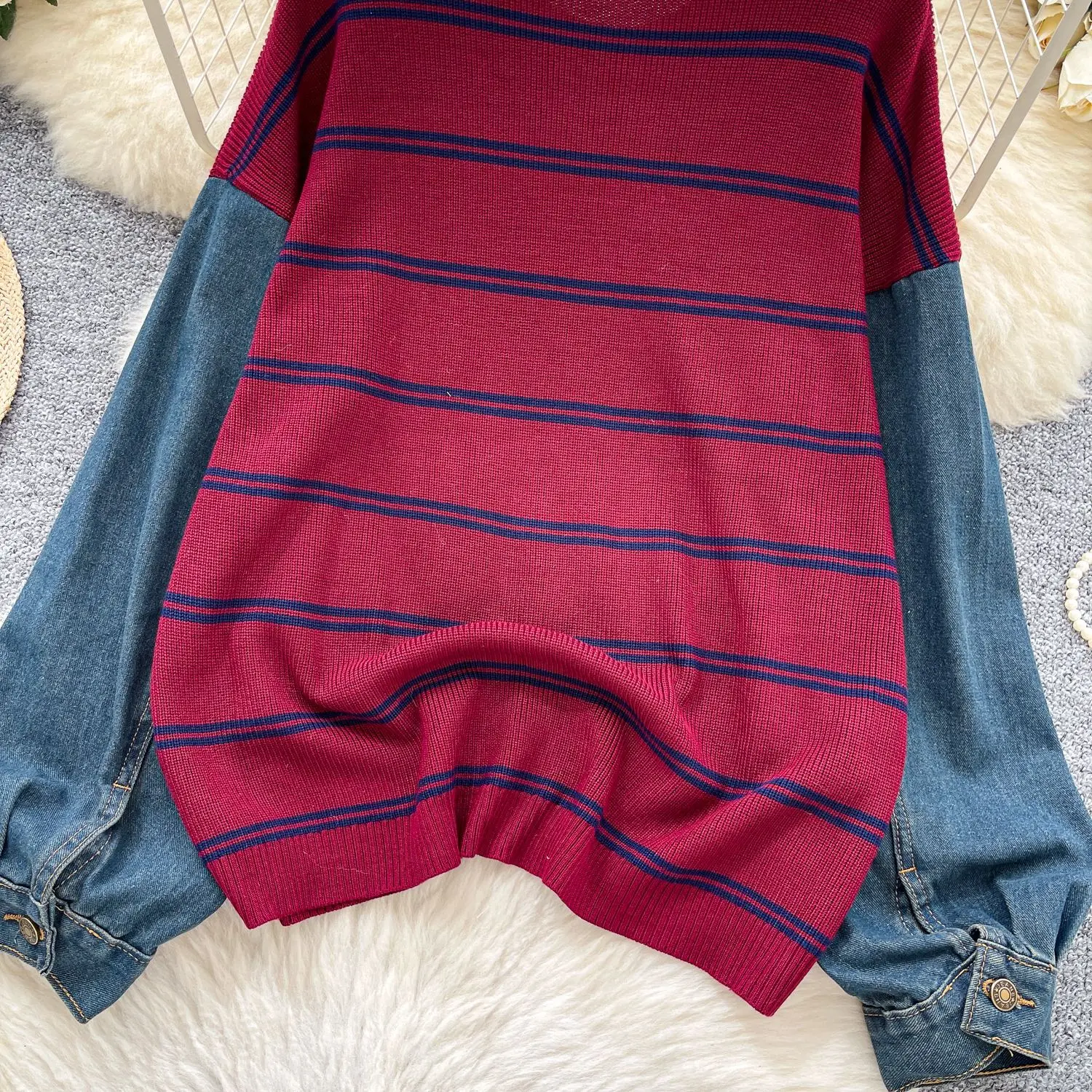 Pullovers Women Sweaters Knitted Round Neck Full Sleeve Jumpers Y2k Streetwear Elegant Splice Denim Autumn Winter 2025 Work