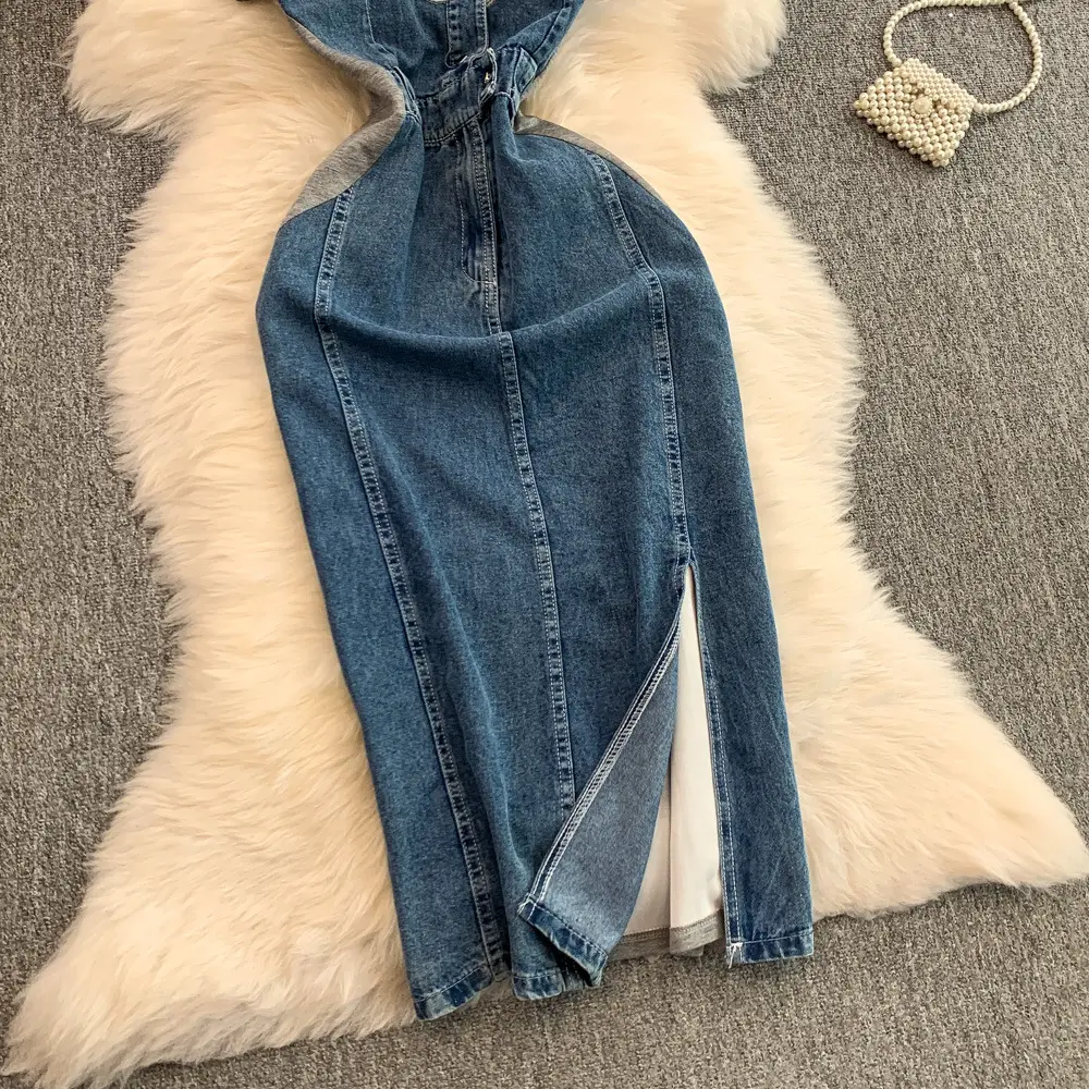 Mid Length Dress Women Denim Dresses High Waist Vestidos Short Sleeve Elegant Splice Y2k Streetwear Party Night Evening Work