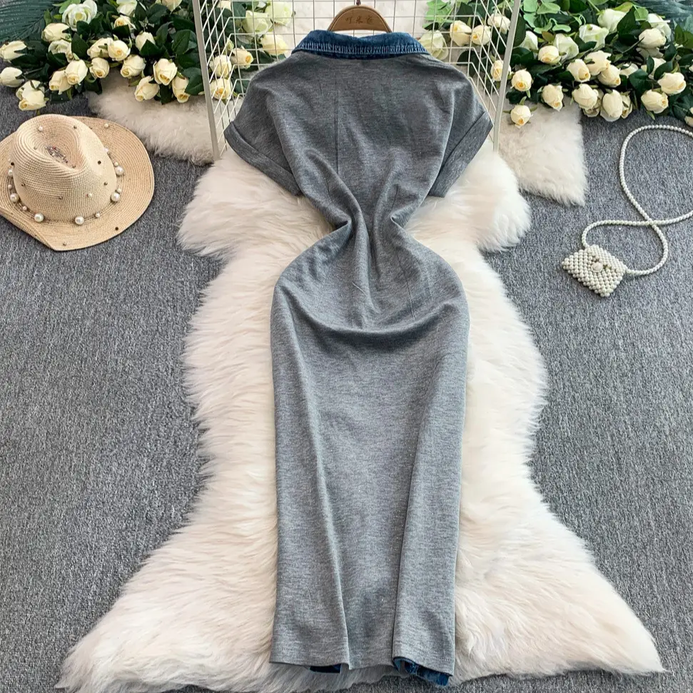 Mid Length Dress Women Denim Dresses High Waist Vestidos Short Sleeve Elegant Splice Y2k Streetwear Party Night Evening Work
