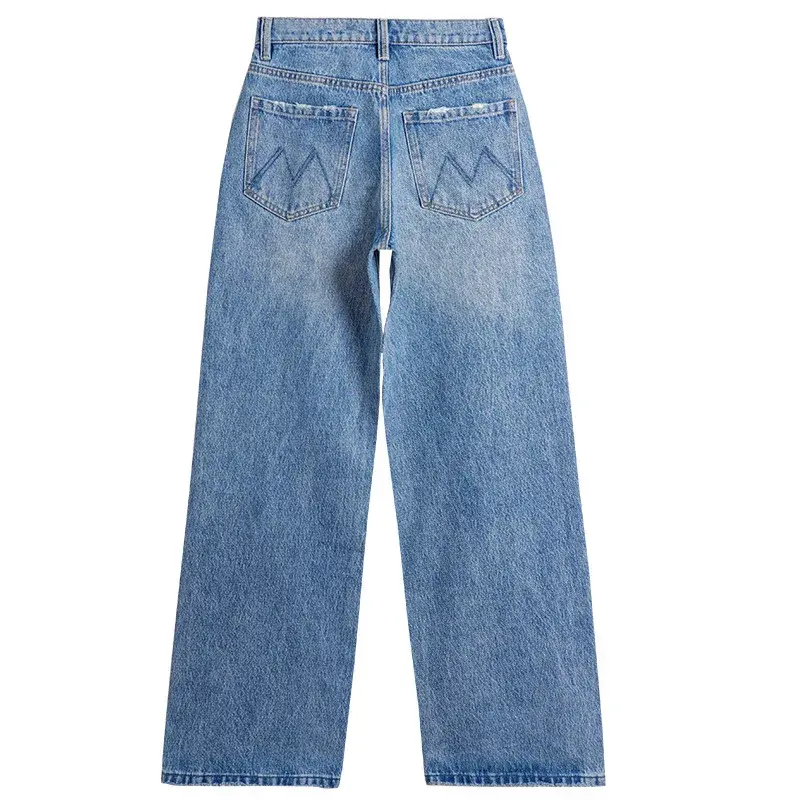 Denim Wide Leg Pants Women Jeans Floor Length High Waist Mom Jenas Washed Pockets Vintage Straight Trousers 2025 Streetwear