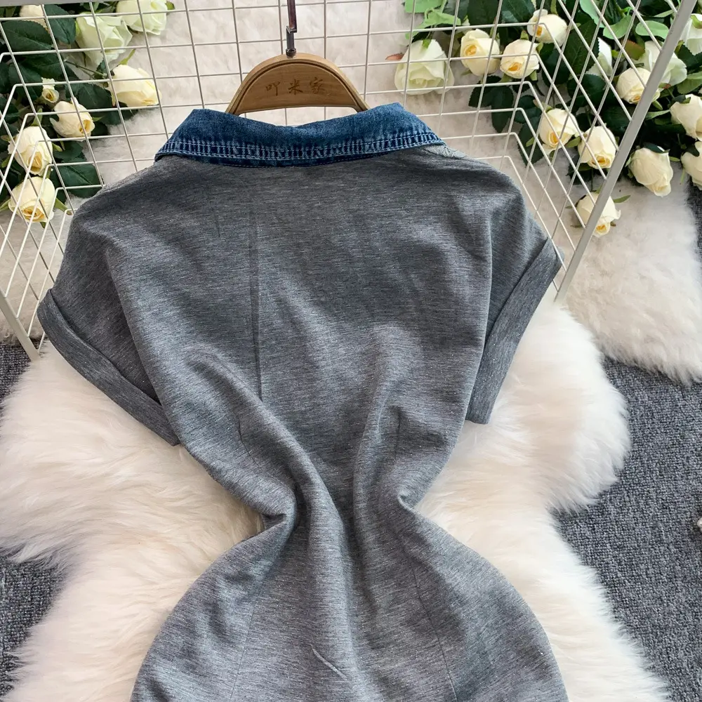 Mid Length Dress Women Denim Dresses High Waist Vestidos Short Sleeve Elegant Splice Y2k Streetwear Party Night Evening Work