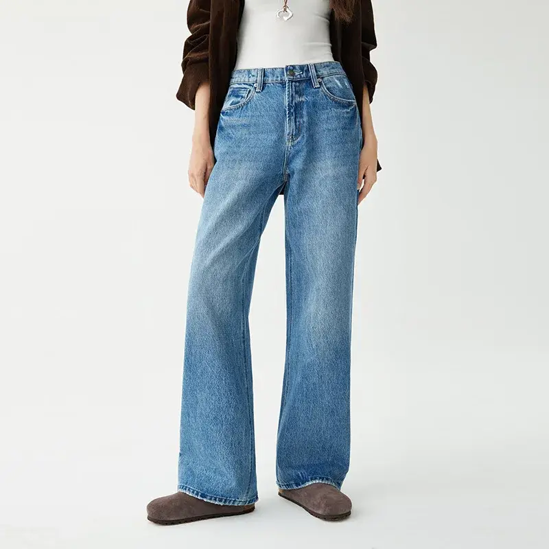 Denim Wide Leg Pants Women Jeans Floor Length High Waist Mom Jenas Washed Pockets Vintage Straight Trousers 2025 Streetwear