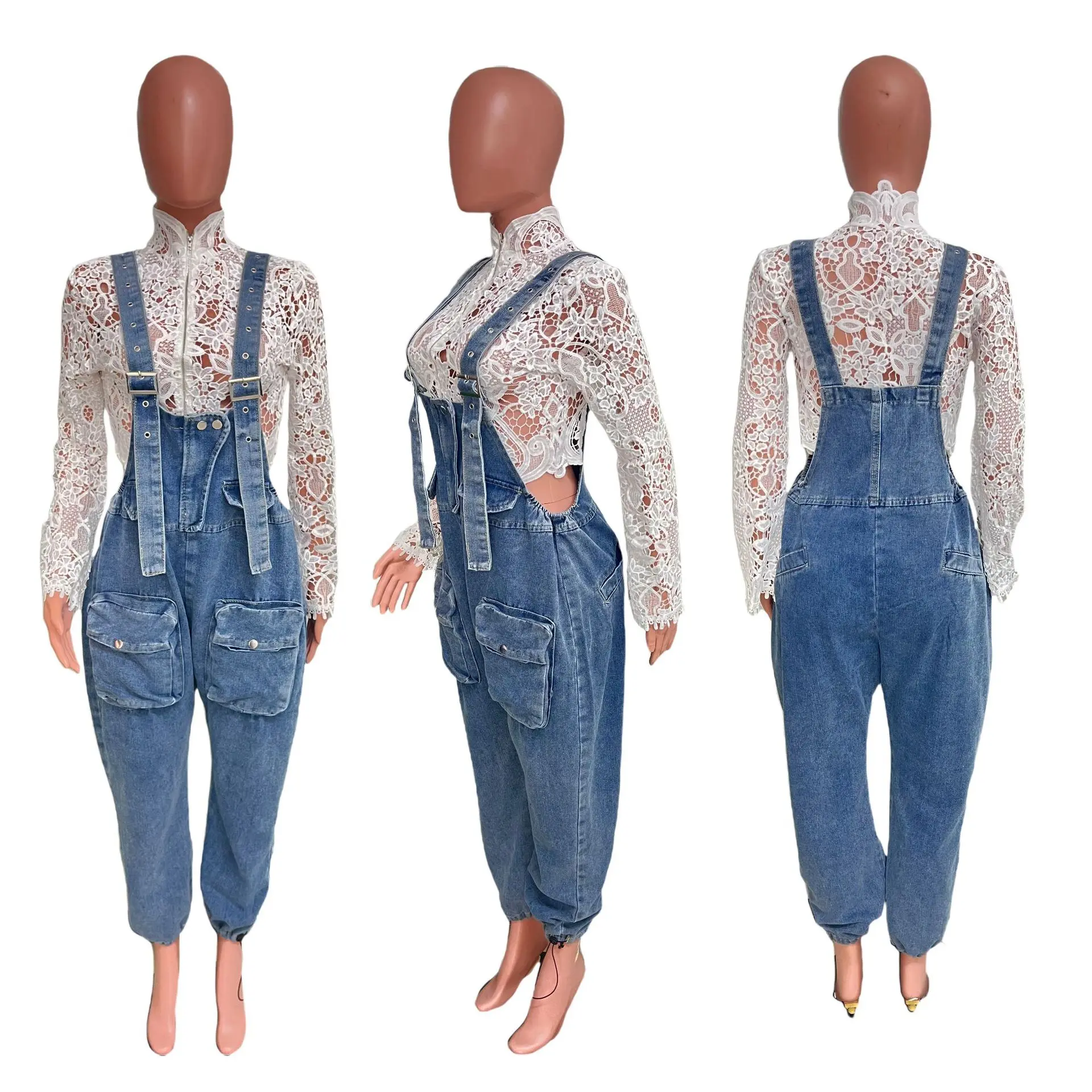 Women Jumpsuits Suspenders Jeans Pant One Piece Demin Overalls Y2k Streetwear Wide Leg Long Pant Casual Loose Rompers Mom