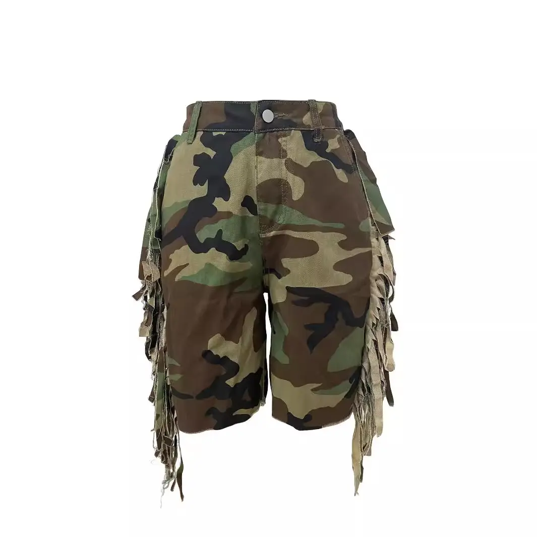 Women Camouflage Shorts Pant Short Pants Tassel High Waist Straight Trousers Y2k Streetwear Casual Mom Splice Summer Vintage