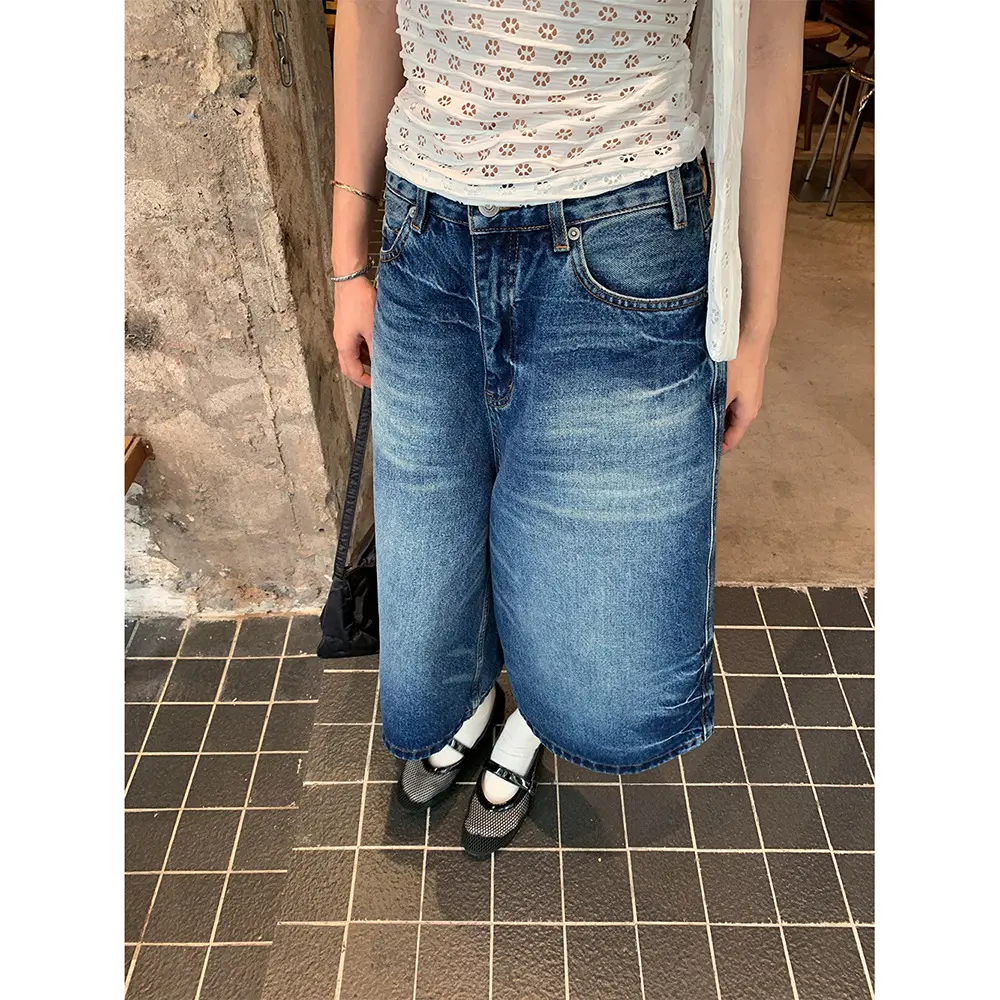 Wide Leg Pants Jeans Women Vintage Denims Knee Length Mom Mid Waist Washed Distressed Pockets Shorts Streetwear Summer 2025