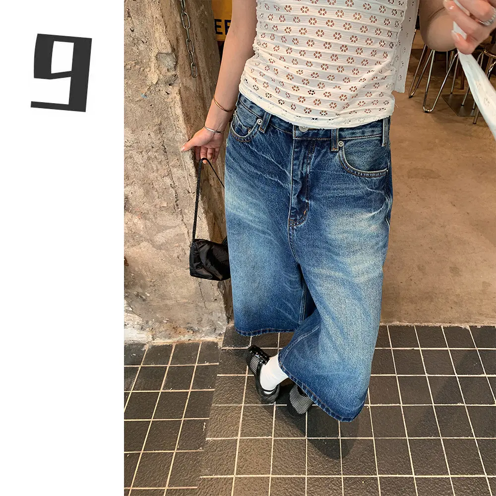 Wide Leg Pants Jeans Women Vintage Denims Knee Length Mom Mid Waist Washed Distressed Pockets Shorts Streetwear Summer 2025