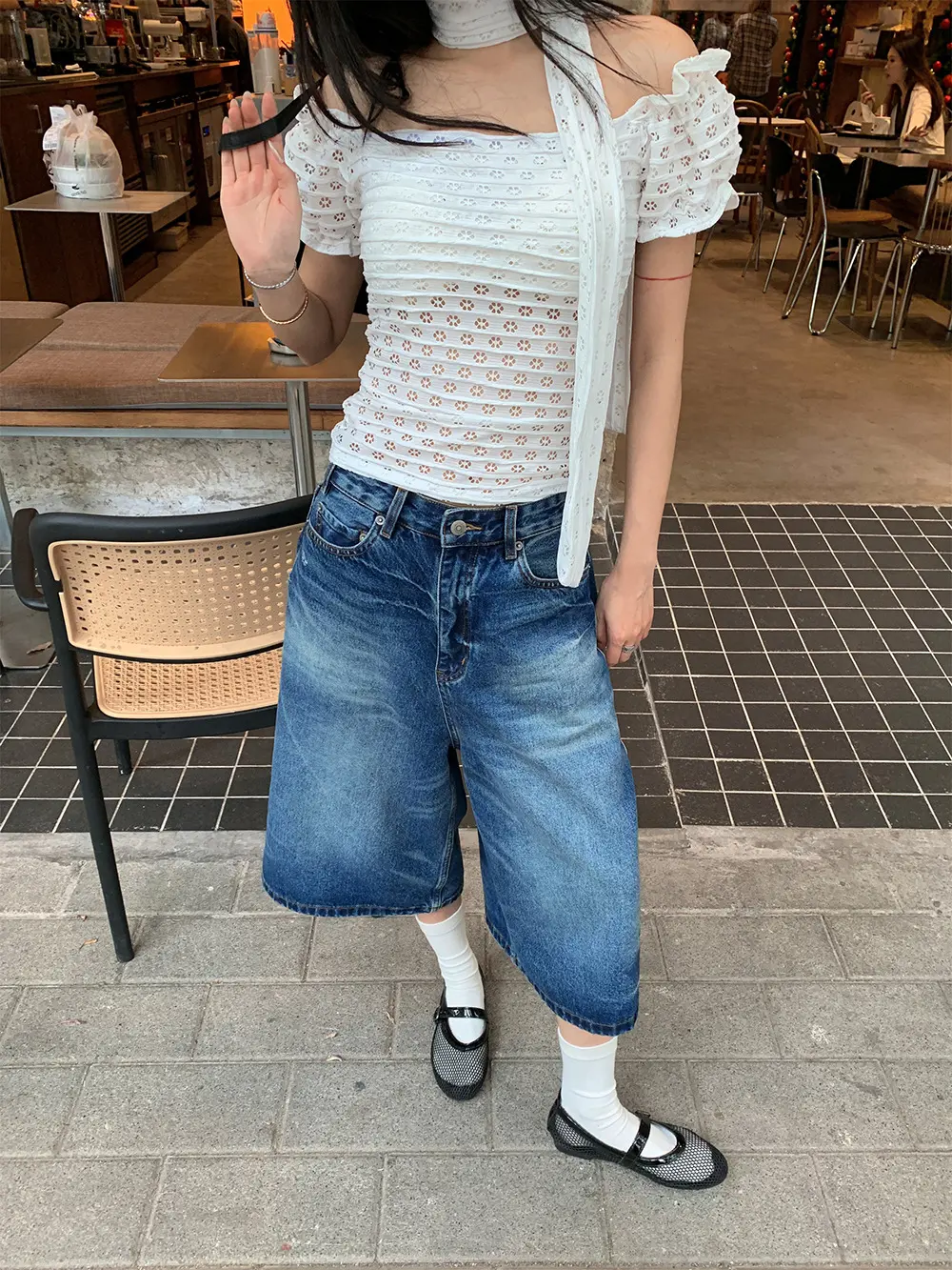 Wide Leg Pants Jeans Women Vintage Denims Knee Length Mom Mid Waist Washed Distressed Pockets Shorts Streetwear Summer 2025