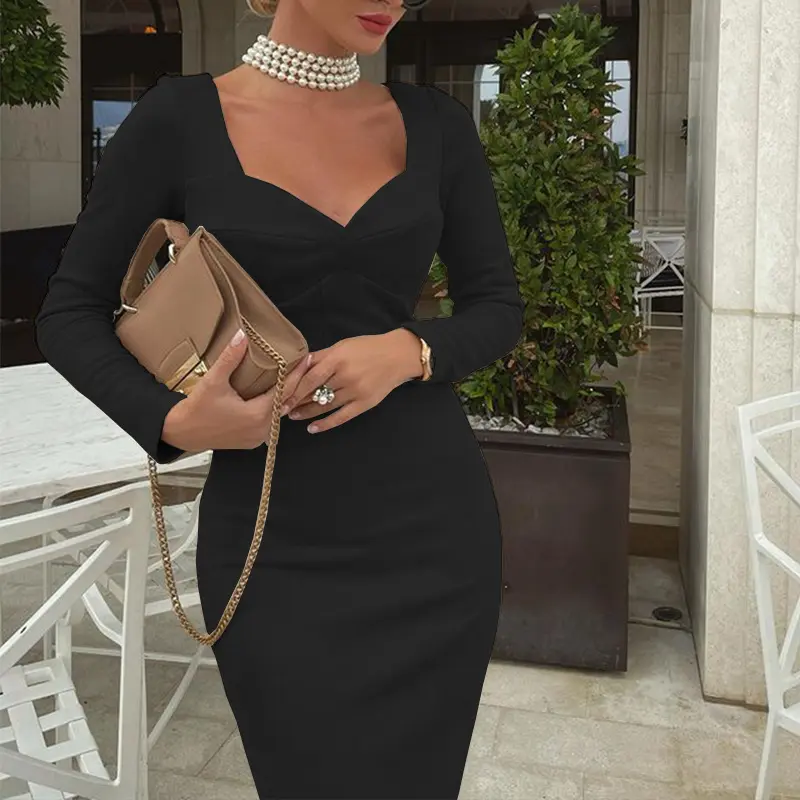 Dress for Women Sexy Bodycon Dresses Autumn Winter Female Slim Buttocks French Midi Robe Elegant Ladies Long Sleeve Party Dress