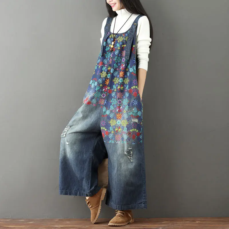 Jean Women Overalls Washed Denim Bleached Wide Leg Pants Hole Ripped Ankle Length Jeans Distressed Pockets Print Casual