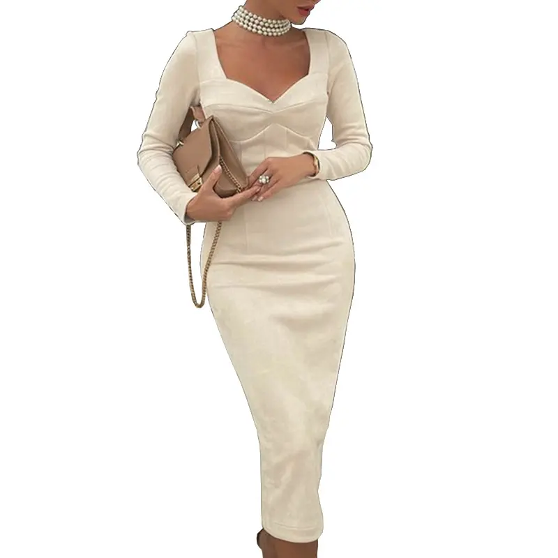 Dress for Women Sexy Bodycon Dresses Autumn Winter Female Slim Buttocks French Midi Robe Elegant Ladies Long Sleeve Party Dress