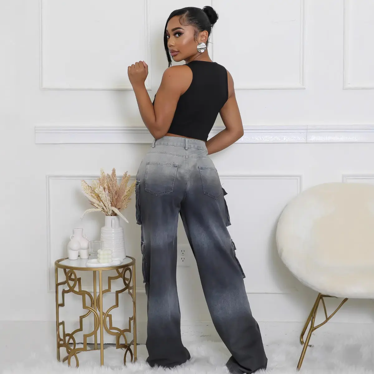 Jeans Women Denim Long Pant Cargo Pants Gradation Pockets High Waist Straight Trousers Y2k Streetwear Party Club Casual Loose