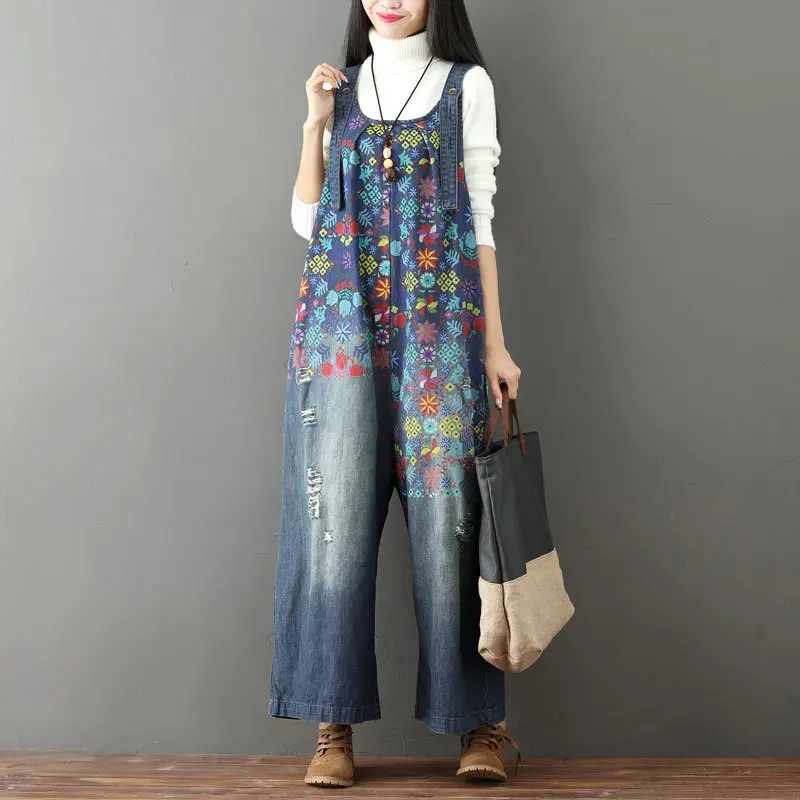 Jean Women Overalls Washed Denim Bleached Wide Leg Pants Hole Ripped Ankle Length Jeans Distressed Pockets Print Casual