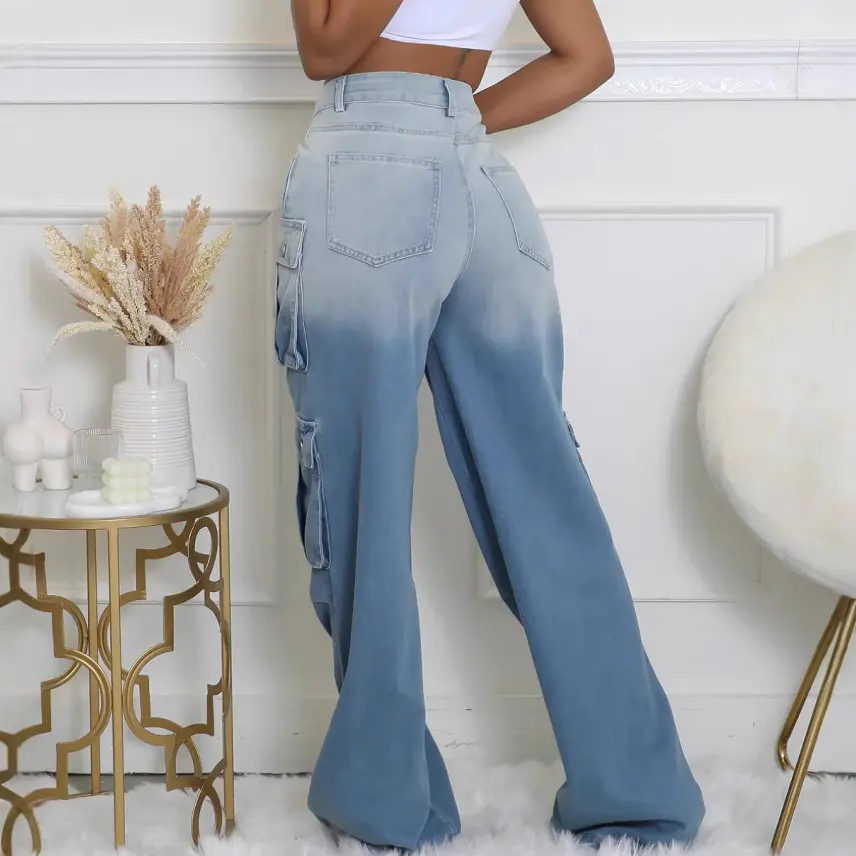 Jeans Women Denim Long Pant Cargo Pants Gradation Pockets High Waist Straight Trousers Y2k Streetwear Party Club Casual Loose