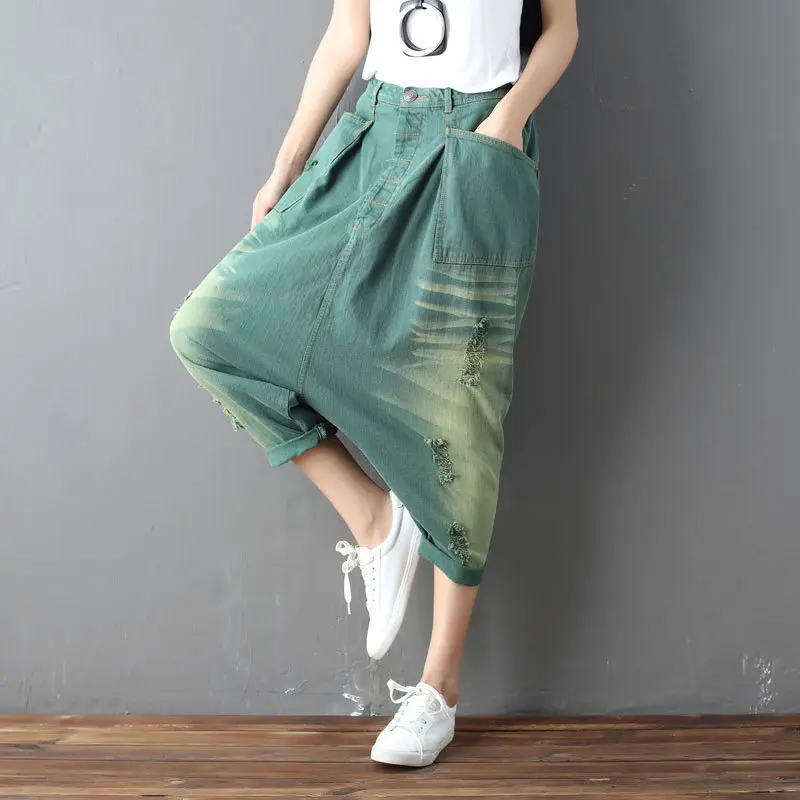 Denim Pant Women Jeans Calf Length Pants High Waist Straight Trousers Y2k Streetwear Elegant Mom Jeans Casual Hole Loose 2025