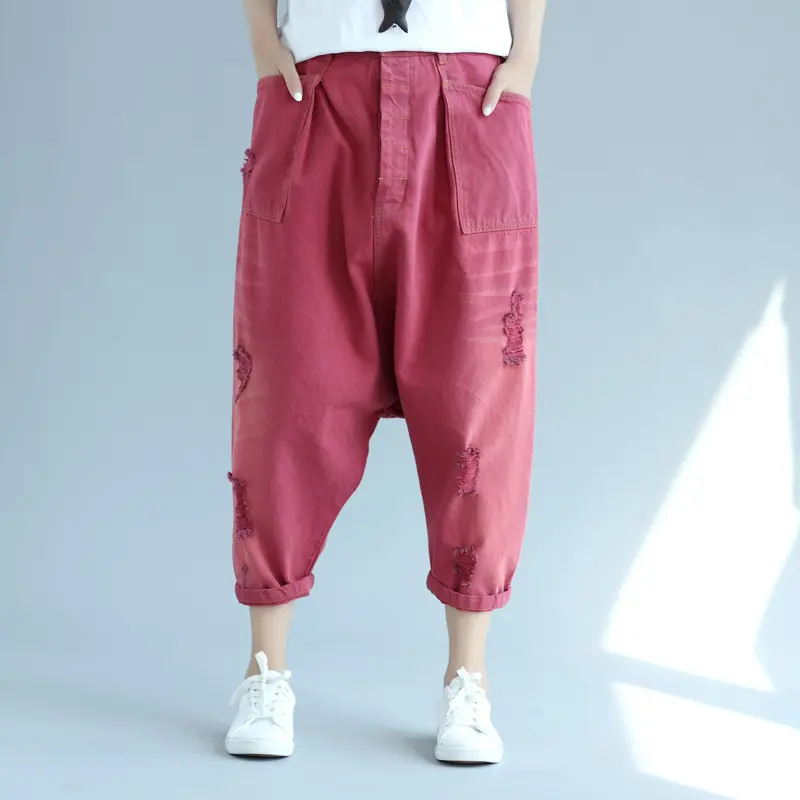 Denim Pant Women Jeans Calf Length Pants High Waist Straight Trousers Y2k Streetwear Elegant Mom Jeans Casual Hole Loose 2025