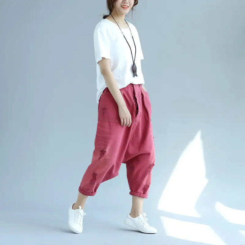 Denim Pant Women Jeans Calf Length Pants High Waist Straight Trousers Y2k Streetwear Elegant Mom Jeans Casual Hole Loose 2025