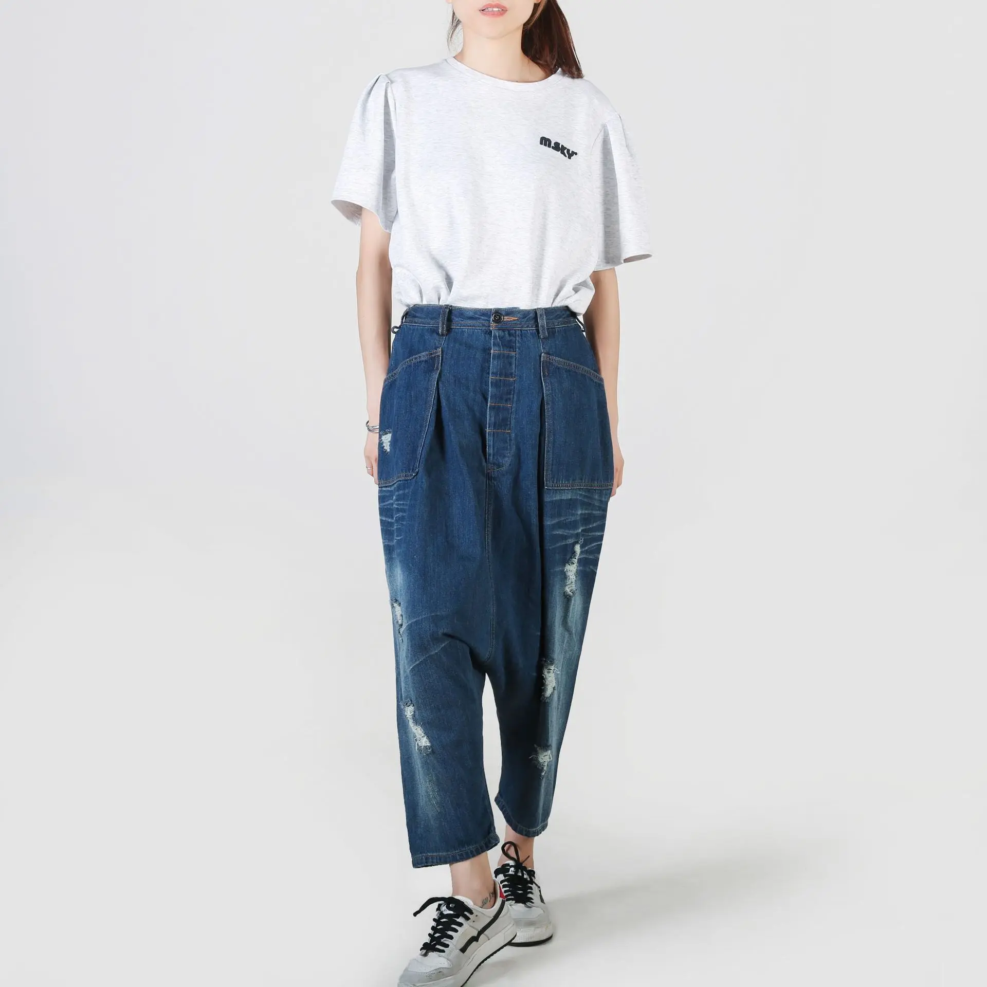 Denim Pant Women Jeans Calf Length Pants High Waist Straight Trousers Y2k Streetwear Elegant Mom Jeans Casual Hole Loose 2025