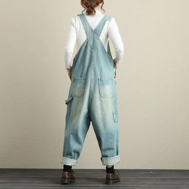 Jumpsuits Women Causal Loose Denim One Piece Mom Jeans Suspenders Overalls Wide Leg Long Pants High Waist Rompers Y2k Streetwear