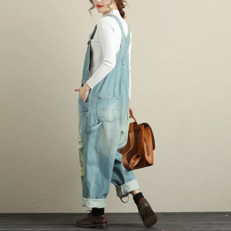 Jumpsuits Women Causal Loose Denim One Piece Mom Jeans Suspenders Overalls Wide Leg Long Pants High Waist Rompers Y2k Streetwear