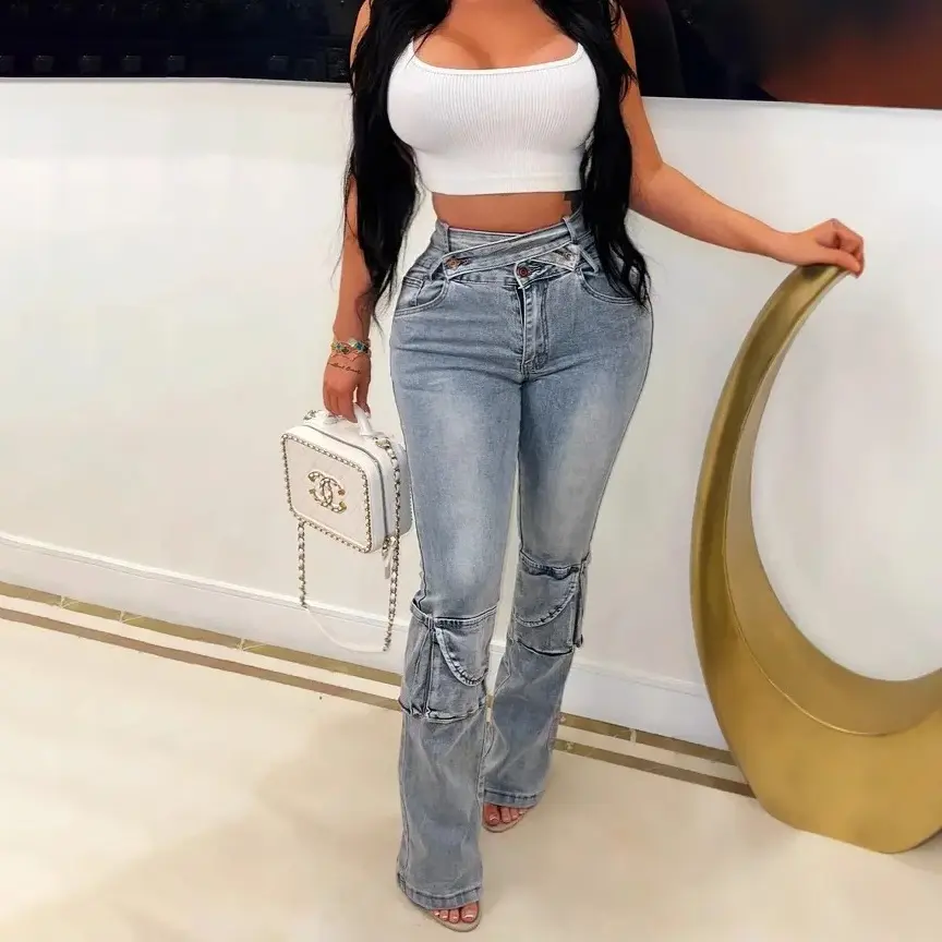 Jeans Women Denim Straight Pants Streetwear Mom Full Length High Waist Multiple Pockets Distressed Washed 2025 Vintage Trousers