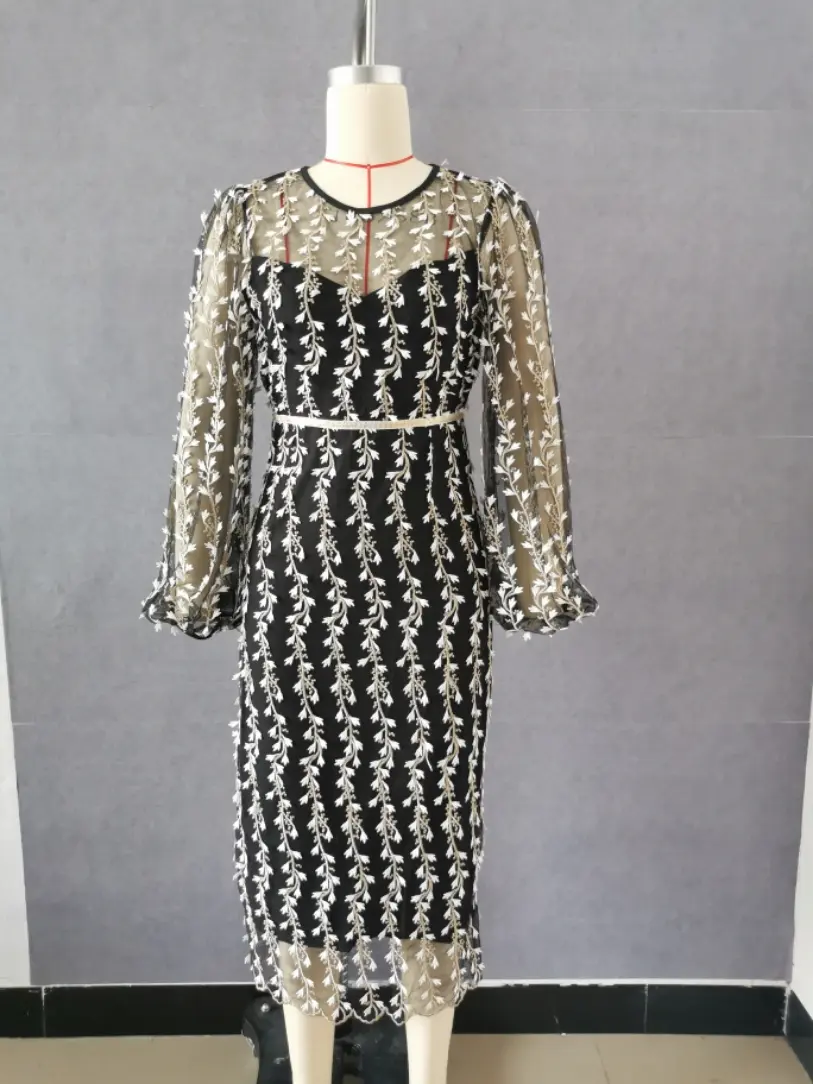 Women Elegant Fashion Long Dress Long Sleeve O Neck Slim Sheath Package Hip Ladylike Embroidered See-through Mesh Vestidos 2022
