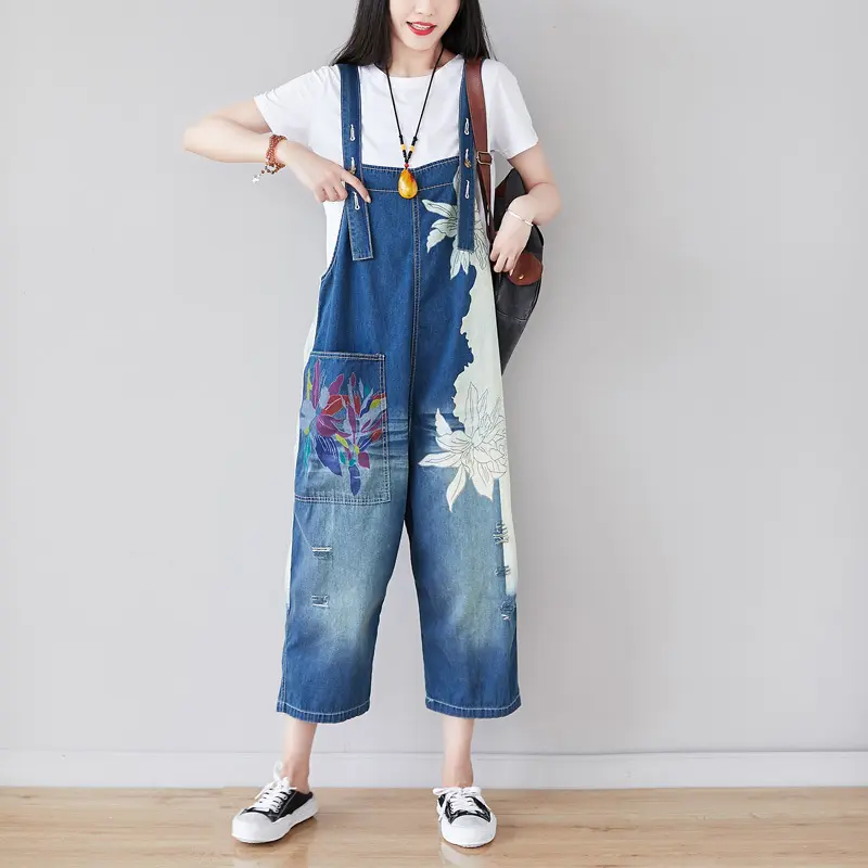 Ankle Length Denim Overalls Women Jeans Spliced Wide Leg Pants Streetwear Washed Jean Loose Fit Pockets 2024 Print Summer