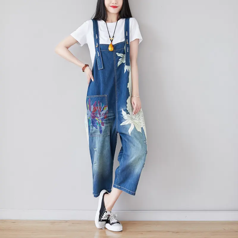 Ankle Length Denim Overalls Women Jeans Spliced Wide Leg Pants Streetwear Washed Jean Loose Fit Pockets 2024 Print Summer