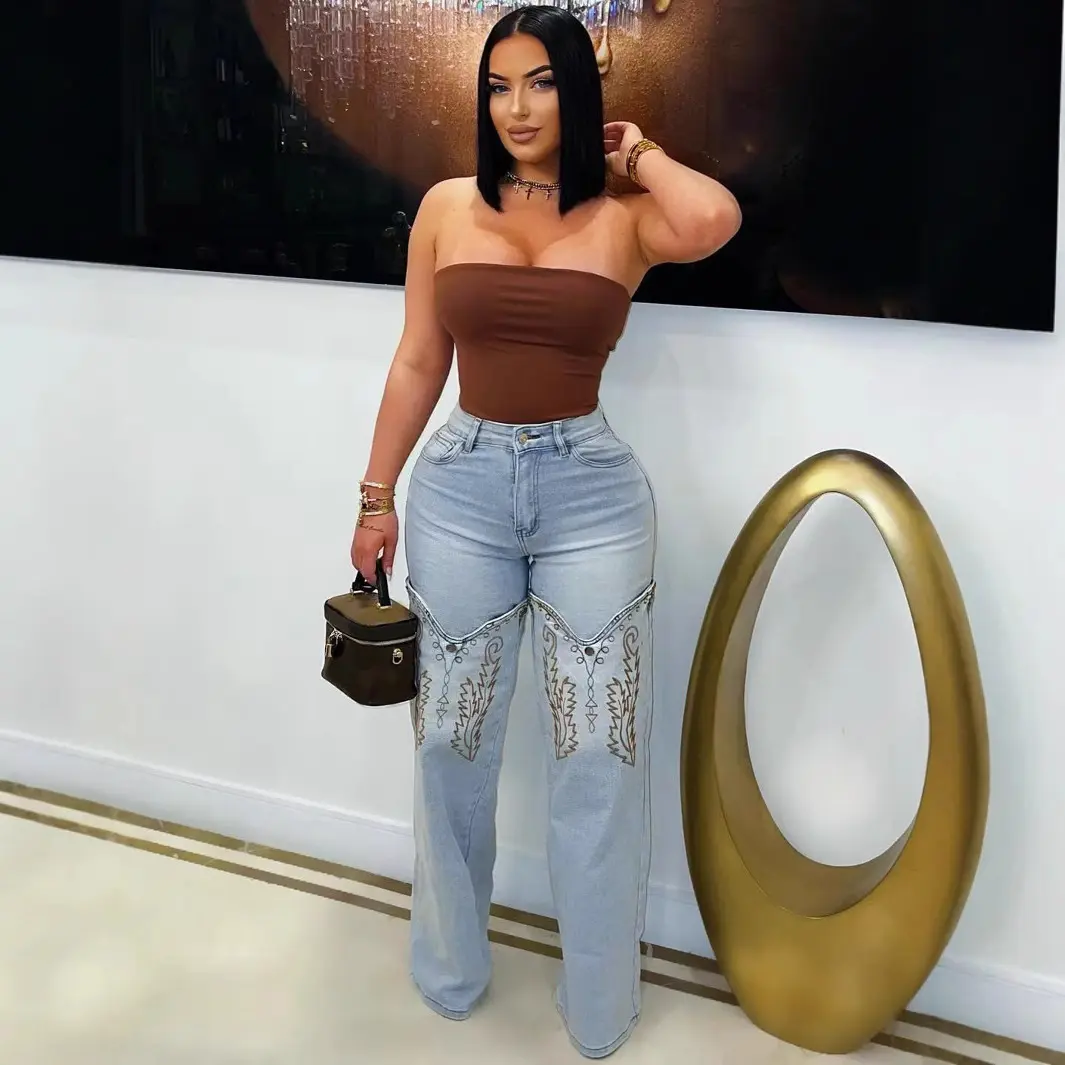 Denim Pant Women Jeans Wide Leg Long Pants High Waist Straight Trousers Y2k Streetwear Embroidery Splice Mom Jeans Party Club