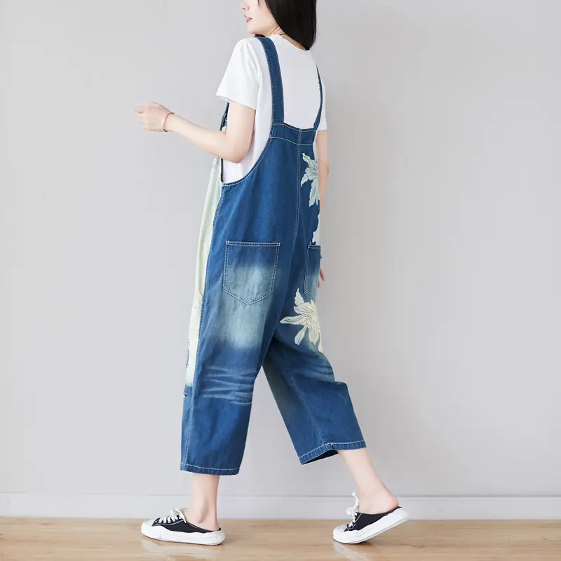 Ankle Length Denim Overalls Women Jeans Spliced Wide Leg Pants Streetwear Washed Jean Loose Fit Pockets 2024 Print Summer