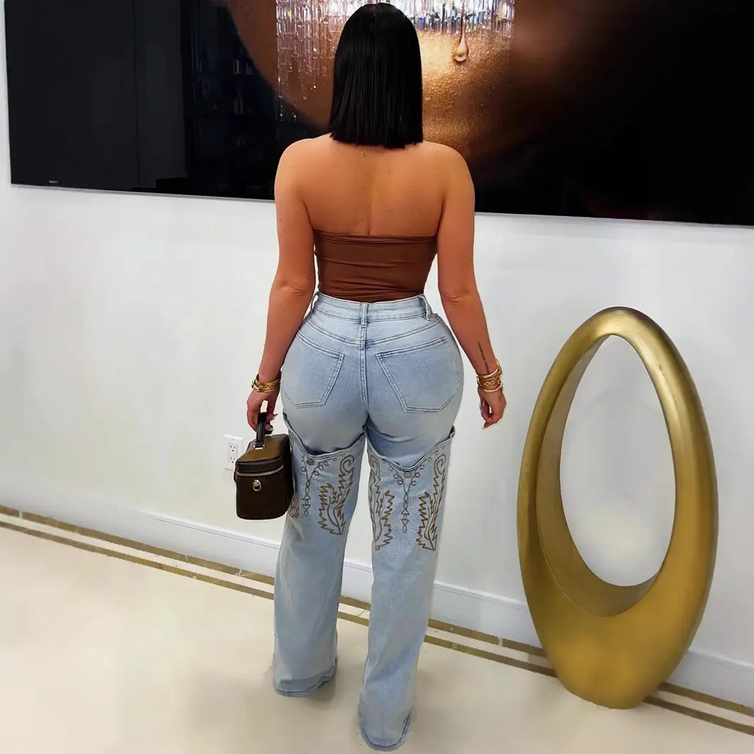 Denim Pant Women Jeans Wide Leg Long Pants High Waist Straight Trousers Y2k Streetwear Embroidery Splice Mom Jeans Party Club