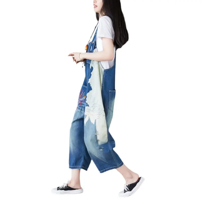 Ankle Length Denim Overalls Women Jeans Spliced Wide Leg Pants Streetwear Washed Jean Loose Fit Pockets 2024 Print Summer