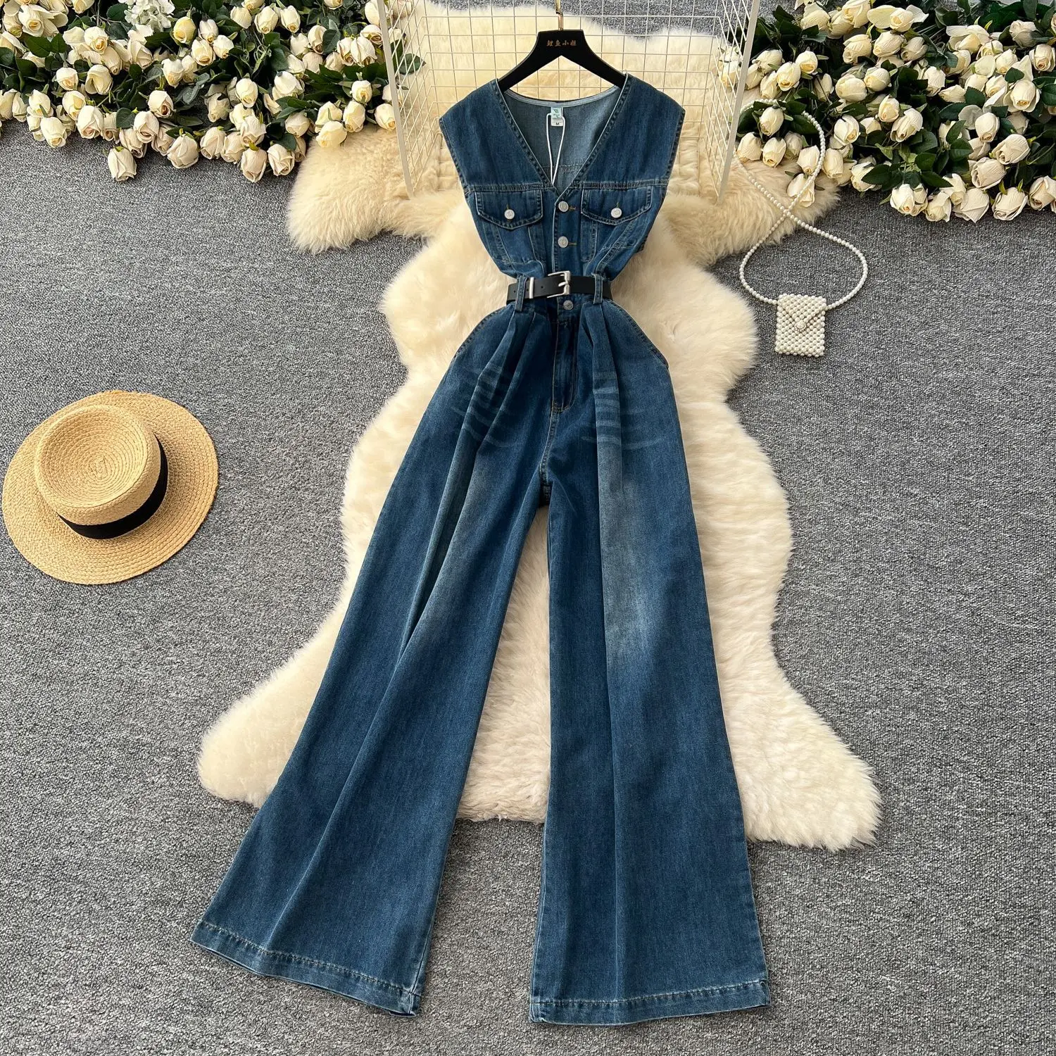 Denim Jumpsuits Women One Piece Wide Leg Pants Washed Distressed Sleeveless Pockets 2025 Streetwear High Waist Jeans Trousers