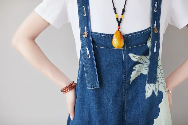 Ankle Length Denim Overalls Women Jeans Spliced Wide Leg Pants Streetwear Washed Jean Loose Fit Pockets 2024 Print Summer