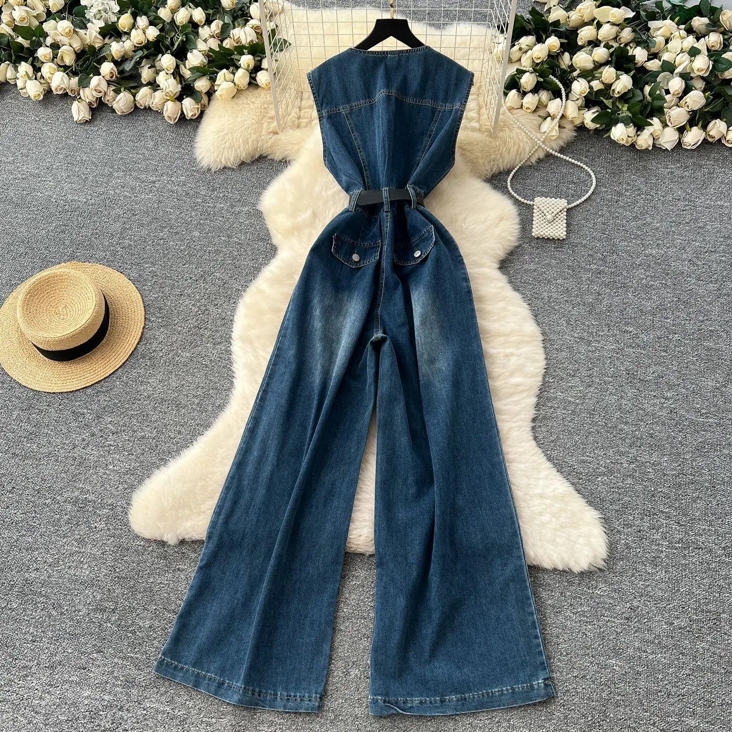 Denim Jumpsuits Women One Piece Wide Leg Pants Washed Distressed Sleeveless Pockets 2025 Streetwear High Waist Jeans Trousers