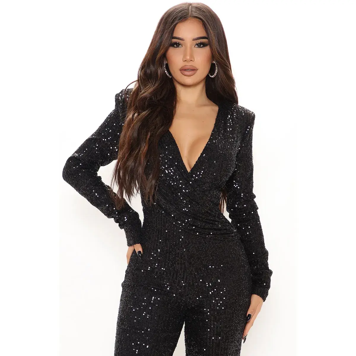 Women Jumpsuits V Neck Rompers Overalls One Piece Formal High Waist Pullover Sexy Sequins Solid Full Length Spring 2024