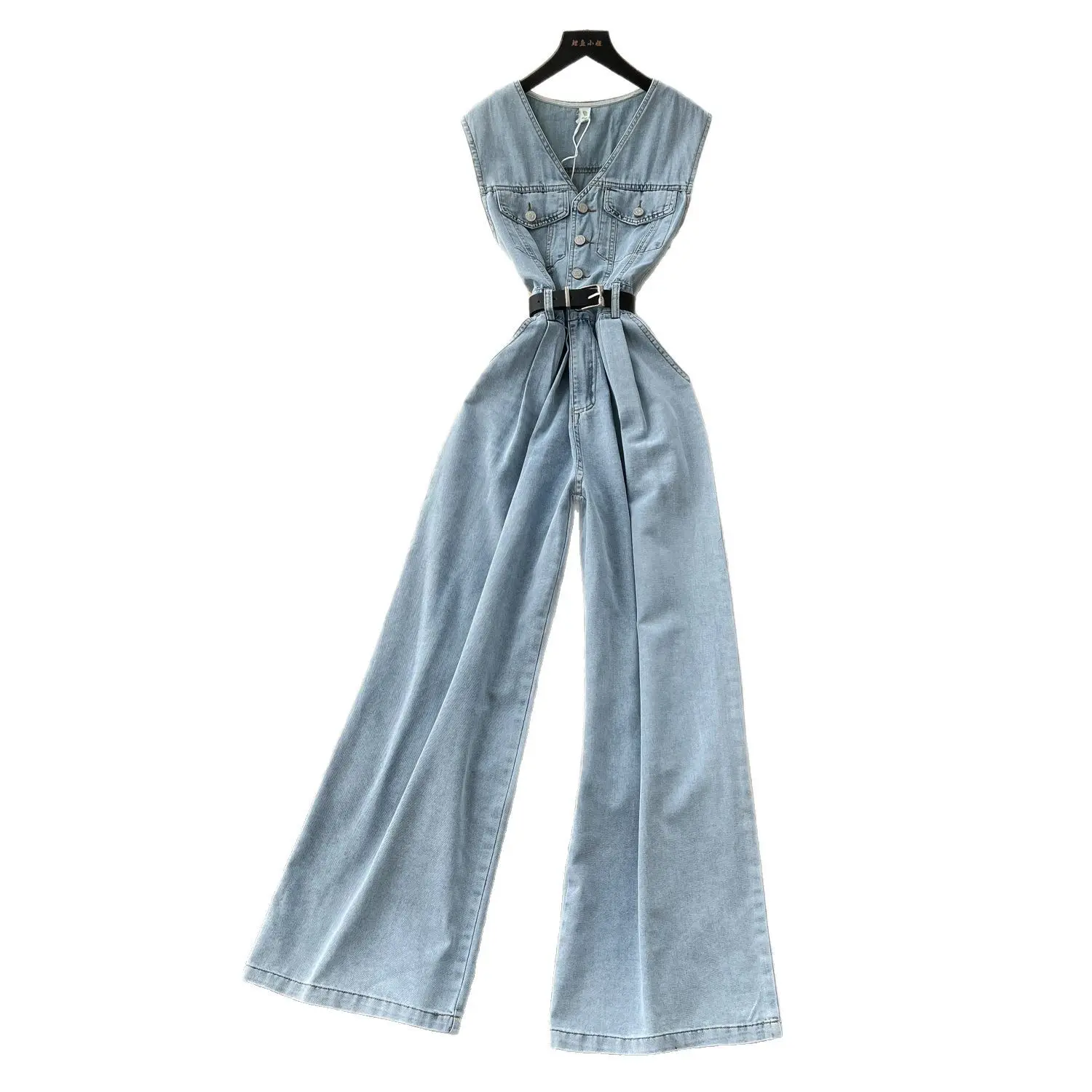 Denim Jumpsuits Women One Piece Wide Leg Pants Washed Distressed Sleeveless Pockets 2025 Streetwear High Waist Jeans Trousers
