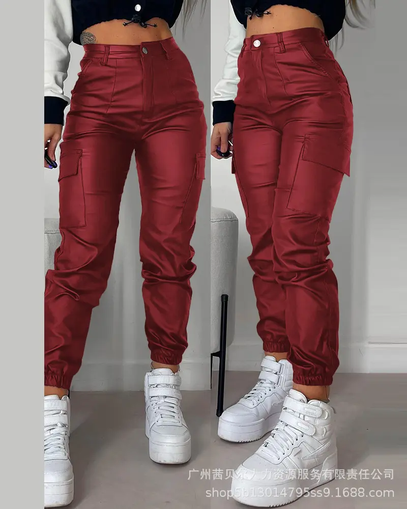 2023 Women Leather Pants Pencil Multiple Pockets Tight Pu Pants Solid Color Button Classic Leather Slim Trousers Female Autumn