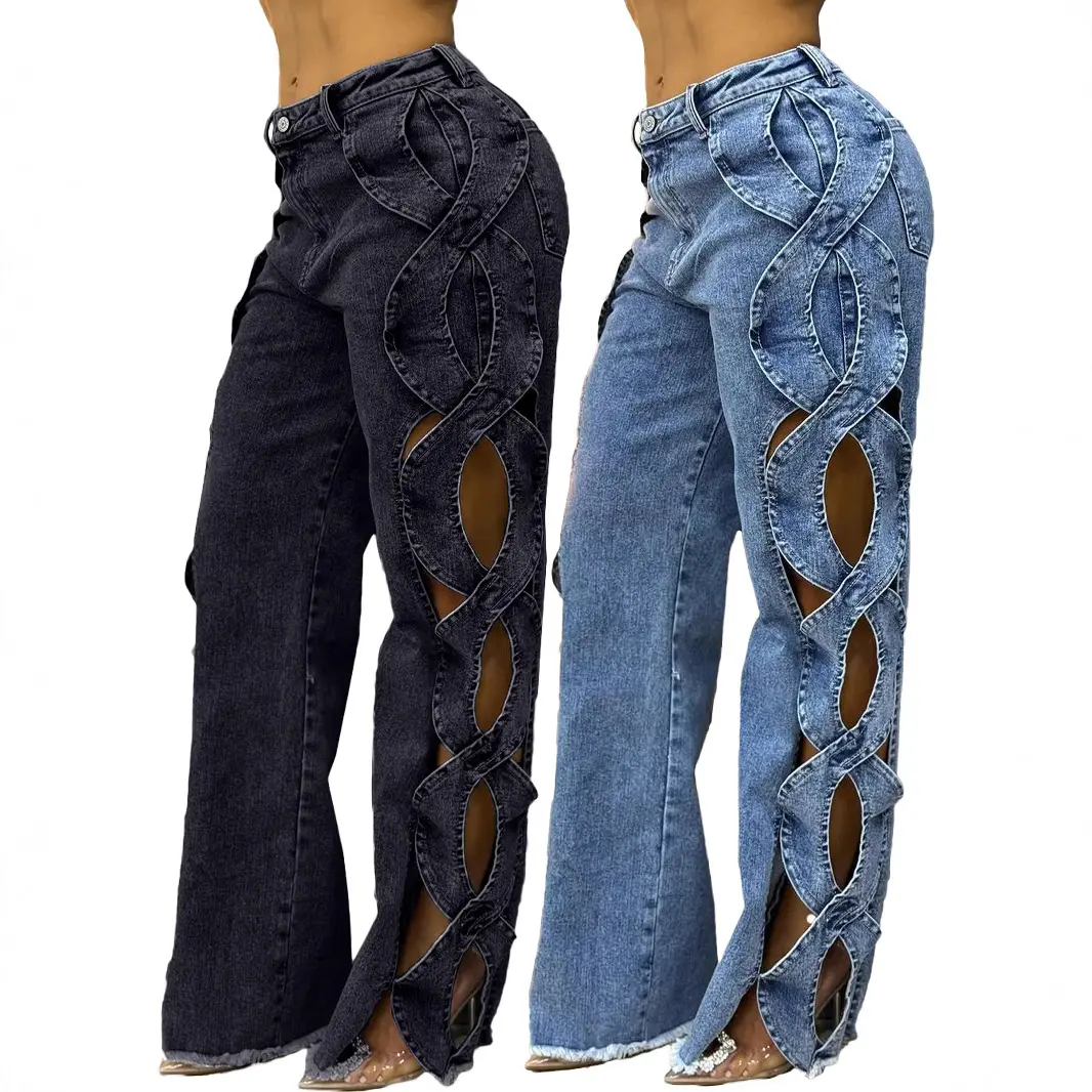 Denim Pant Women Jeans Long Pants Hollowed Out High Waist Straight Trousers Y2k Streetwear Casual Mom Jeans Night Club Summer