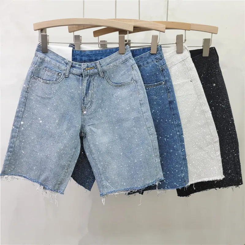 Denim Shorts Women Short Pants Diamonds High Waist Distressed Washed Y2k Punk Knee Length Streetwear Summer 2025 Straight Jeans
