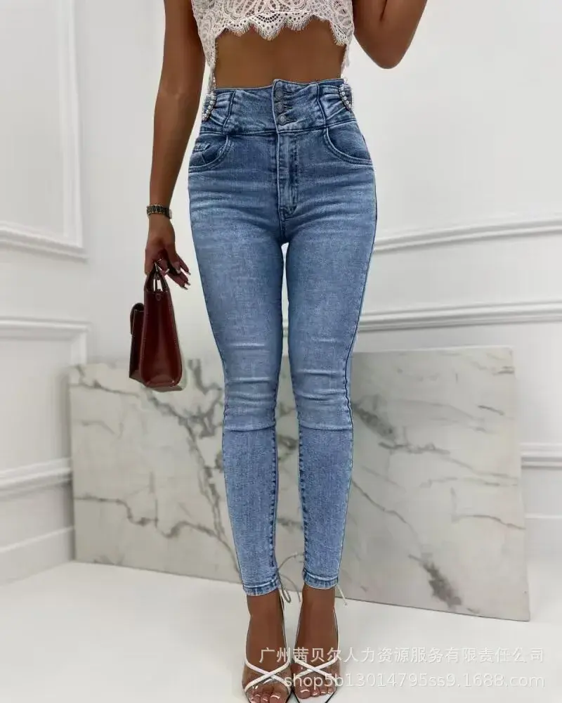 New Women Jeans Elastic Pencil Trousers High Waist Ladies Tight Clothing Slim Fit Casual Skinny Denim Office Lady Pants Elegant